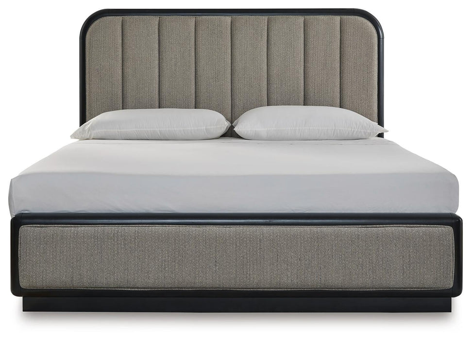 Rowanbeck King Upholstered Panel Bed, Dresser, Mirror, Chest and Nightstand